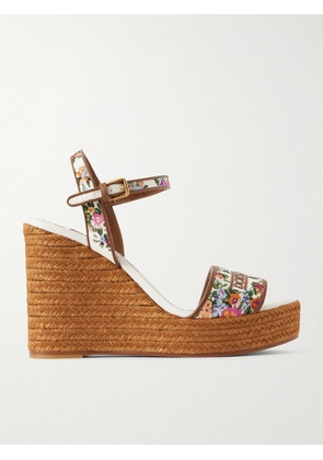 Dolce & Gabbana - Leather-trimmed Embroidered Canvas Platform Wedge Sandals - Cream - IT35,IT36,IT37,IT38,IT39,IT40,IT41,IT42