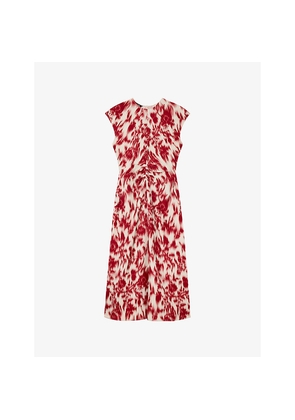 Womens Whistles Blurred Floral-Print Ruched Stretch-Crepe Midi Dress