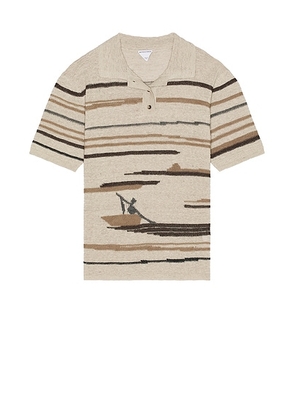 Bottega Veneta Linen Graphic Knit Polo in Bone  Truffle  & Chalk - Brown. Size M (also in XL/1X).