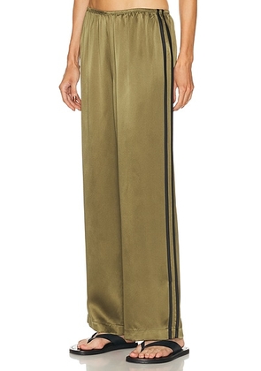 DONNI. The Silk Stripe Simple Pant in Oregano & Jet Stripe - Olive. Size L (also in M, S).