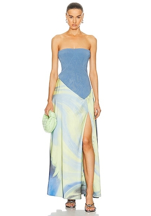 SIMKHAI Kory Bustier Combo Midi Dress in Marina Blue Print - Blue. Size S (also in ).