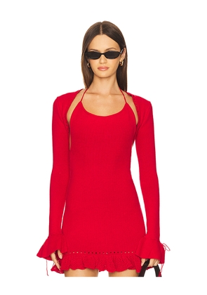 GUIZIO Crochet Ruffle Sleeve Bolero in Red. Size S. Also in XL, XS.