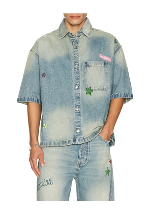 Nahmias Denim Bandaid Short Sleeve Shirt in Blue. Size M. Also in S.