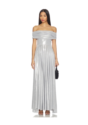 Norma Kamali Sleeveless Cowl Neck Flared Gown in Metallic Silver. Size L. Also in M, S, XS, XXS.