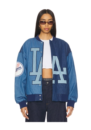 Terez x REVOLVE Dodgers Denim Logo Bomber in Blue. Size L. Also in XL, XS.