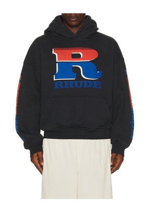 Rhude Split Petrol Logo Hoodie in Black. Size L. Also in M, S, XL/1X, XXL/2X.