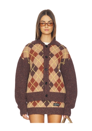 WE11DONE Knit Argyle Intarsia Cardigan in Brown. Size L. Also in M, S.