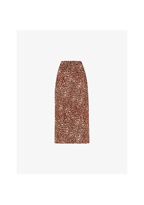 Womens Whistles Animal-Print Front-Split Linen-Blend Midi Skirt