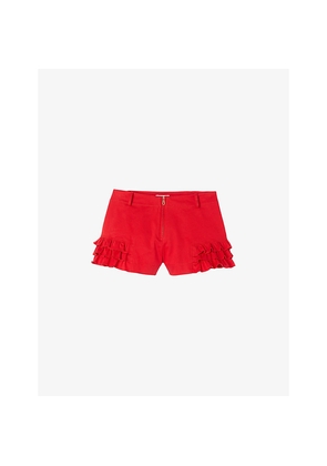 Womens Sandro Zip-Up Ruffle-Hem Stretch-Cotton Shorts