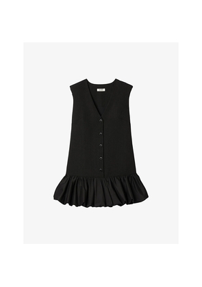 Womens Sandro Ruffle-Hem Button-Down Sleeveless Cotton Mini Dress