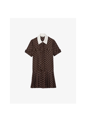 Womens Sandro Geometric-Print Contrast-Collar Satin Mini Dress