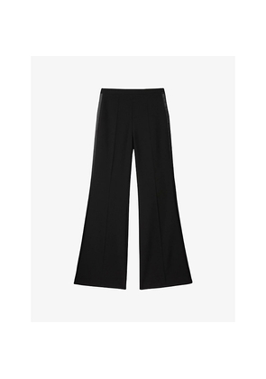 Womens Sandro Satin-Stripe Flared-Leg High-Rise Wool-Blend Trousers