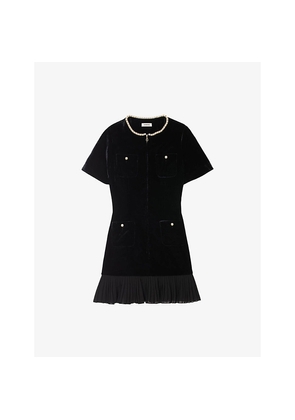 Womens Sandro Pearl-Embellished Pleated-Hem Velvet Mini Dress