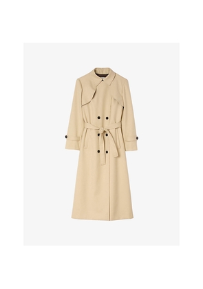 Womens Sandro Belted-Waist Double-Breasted Stretch-Woven Trench