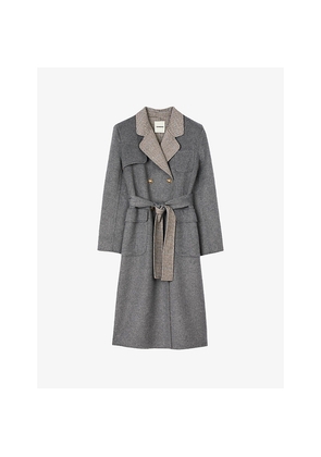 Womens Sandro Double-Breasted Tie-Belt Wool-Blend Coat