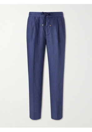 Brunello Cucinelli - Tapered Pleated Linen-Twill Drawstring Trousers - Men - Blue - IT 44