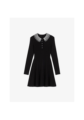 Womens Maje Short Beaded-Collar Stretch-Knit Mini Dress