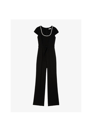 Womens Sandro Embellished Curved-Neck Woven Jumpsuit