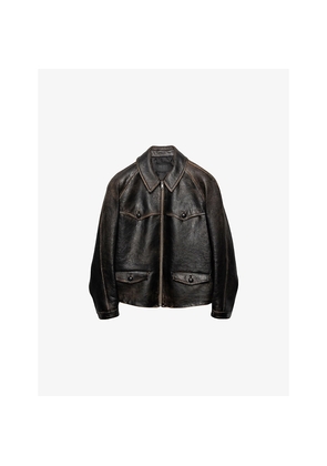 Womens Prada Collared Flap-Pocket Leather Jacket