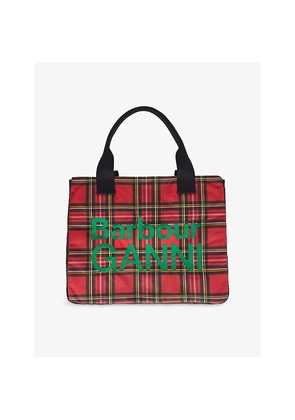 Womens Barbour x Ganni Logo-Embroidery Check-Print Waxed Cotton Tote Bag
