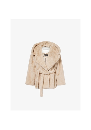 Womens The Couture Club Hooded Peak-Lapel Faux-Fur Coat