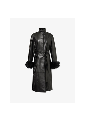Womens Alaia Faux-Fur Cuff Long Leather Coat