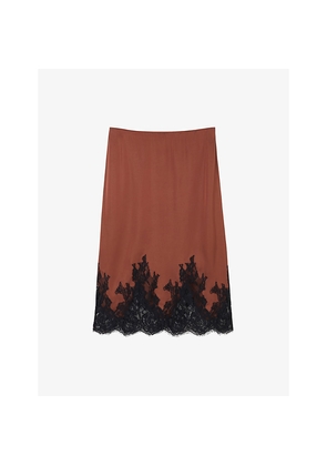 Womens Whistles Lace-Hem Satin Midi Skirt