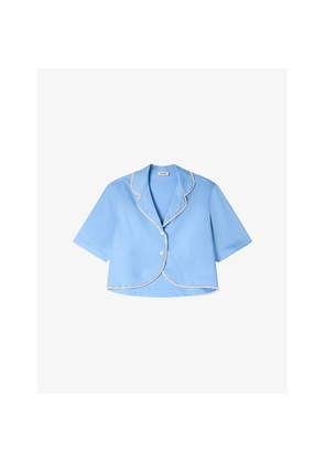 Womens Sandro Cropped Beaded-Trim Cotton Shirt