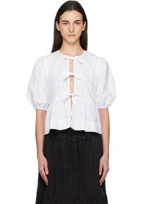 GANNI White Cotton Poplin Peplum Tie Blouse