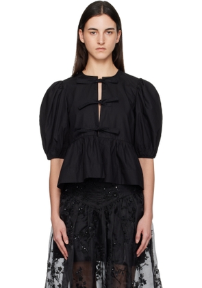 GANNI Black Cotton Poplin Peplum Tie Blouse