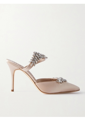 Manolo Blahnik - Lurum 90 Crystal-embellished Satin Mules - Neutrals - IT35,IT36,IT36.5,IT37,IT37.5,IT38,IT38.5,IT39,IT39.5,IT40,IT40.5,IT41,IT42