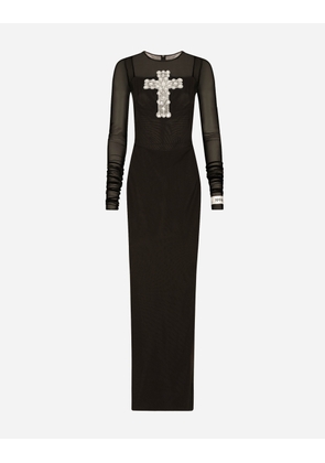 Dolce & Gabbana Long Tulle Dress With Rhinestone Cross Embellishment - Woman Dresses Black Tulle 42