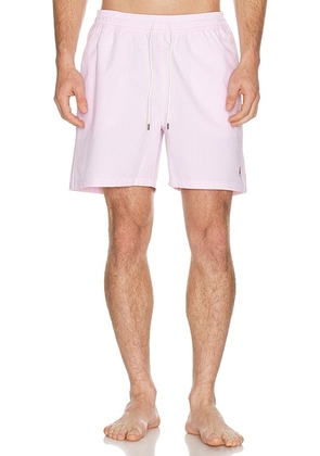 Polo Ralph Lauren Traveler Swim Trunk in Carmel Pink Seersucker - Baby Blue. Size M (also in S, XL/1X, XXL/2X).