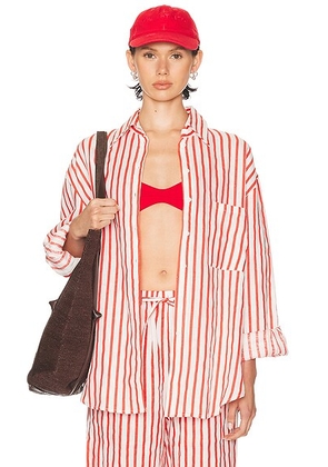 AEXAE Linen Woven Shirt in Stripe Red - Red. Size S (also in ).