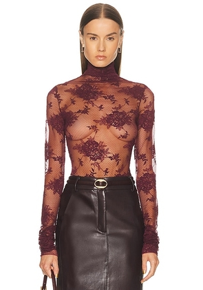 The Andamane Ziggy Lace Turtleneck Bodysuit in Cabernet - Burgundy. Size XS (also in ).