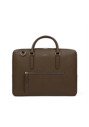 Smythson Slim Briefcase With Zip Front In Ludlow In Dark Olive