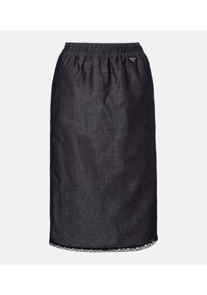 Prada Lace-trimmed cotton and linen midi skirt
