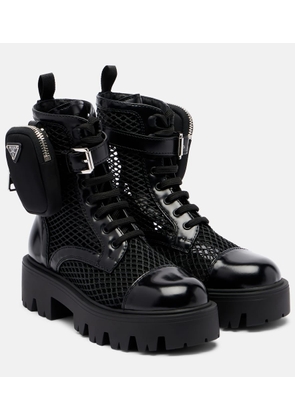Prada Leather-trimmed mesh combat boots