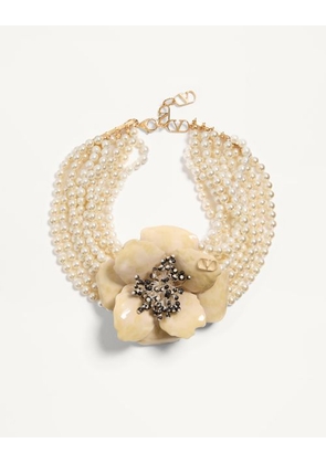 Valentino Garavani Fleur Lumineuse Necklace In Metal, Enamel, Pearls And Fabric Woman GOLD/CREAM UNI