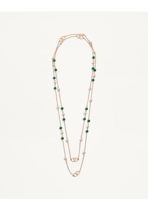 Valentino Garavani Vlogo Signature Long Necklace In Metal, Pearls And Knurled Glass Woman GOLD/GREEN UNI