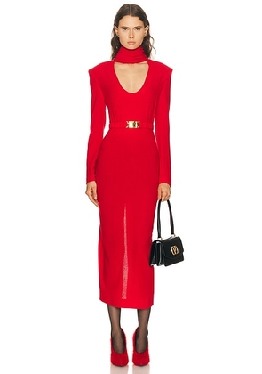 Rowen Rose Long Sleeve Plunging Draped Collar Dress in Red - Red. Size 40 (also in 34, 38).