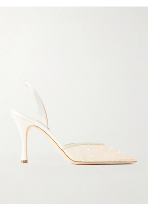 Danielle Frankel - Archer Embellished Satin-trimmed Mesh Slingback Pumps - Ivory - IT36,IT36.5,IT37,IT37.5,IT38,IT38.5,IT39,IT39.5,IT40,IT40.5,IT41