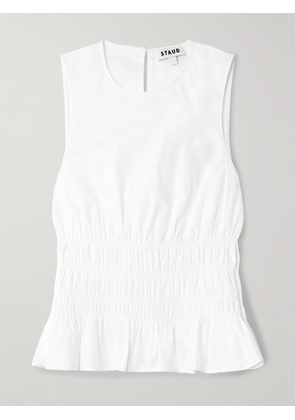 STAUD - Culver Shirred Cotton-blend Poplin Peplum Top - White - x small,small,medium,large,x large