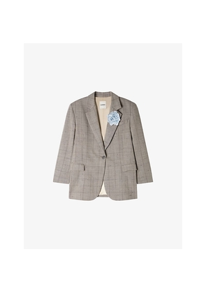 Womens Sandro Checked Flower-Brooch Wool-Blend Jacket