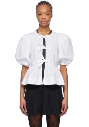 GANNI White Cotton Poplin Peplum Tie Blouse