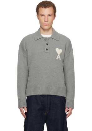 AMI Paris Gray Alpaca Long Sleeves Ami de Coeur Polo