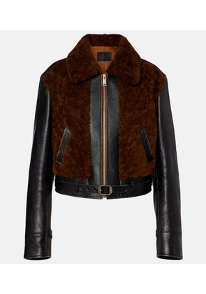 Prada Belted shearling-trimmed leather jacket