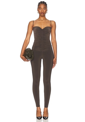 Norma Kamali Strapless Shirred Front Catsuit in Espresso - Chocolate. Size L (also in ).