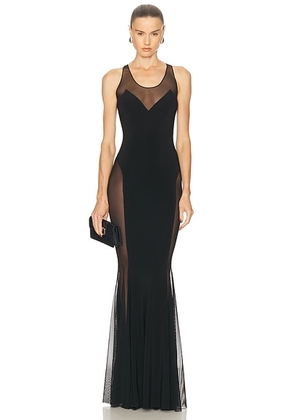 Norma Kamali Low Back Racer Fishtail Gown in Black & Black Mesh - Black. Size M (also in S, XL, XS).