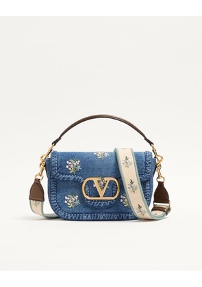 Valentino Garavani Valentino Garavani Alltime Medium Shoulder Bag in Embroidered Denim with Embroidered Ribbon Strap Woman DENIM UNI